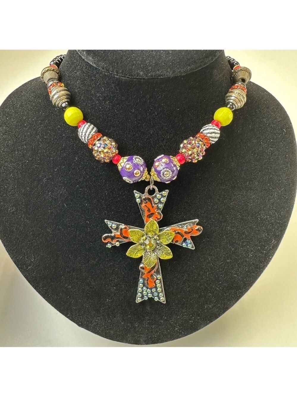 Treska Rockstar embellished cross necklace Mixed bead NWT Emo Romantic Goth